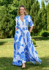 Isabella White Blue Leaves Dress