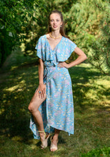 Wrap Lilly Pink Flowers Blue Dress