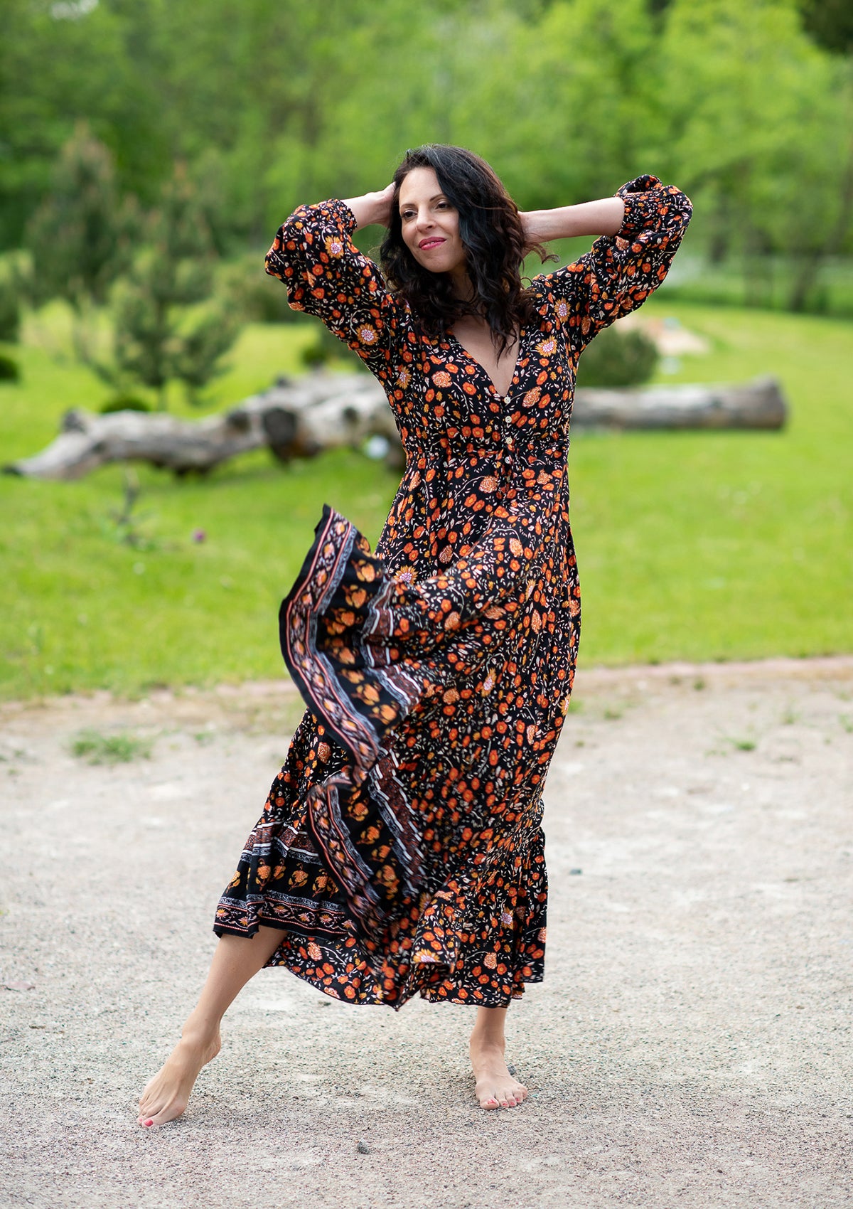 Black dress cheap orange flowers