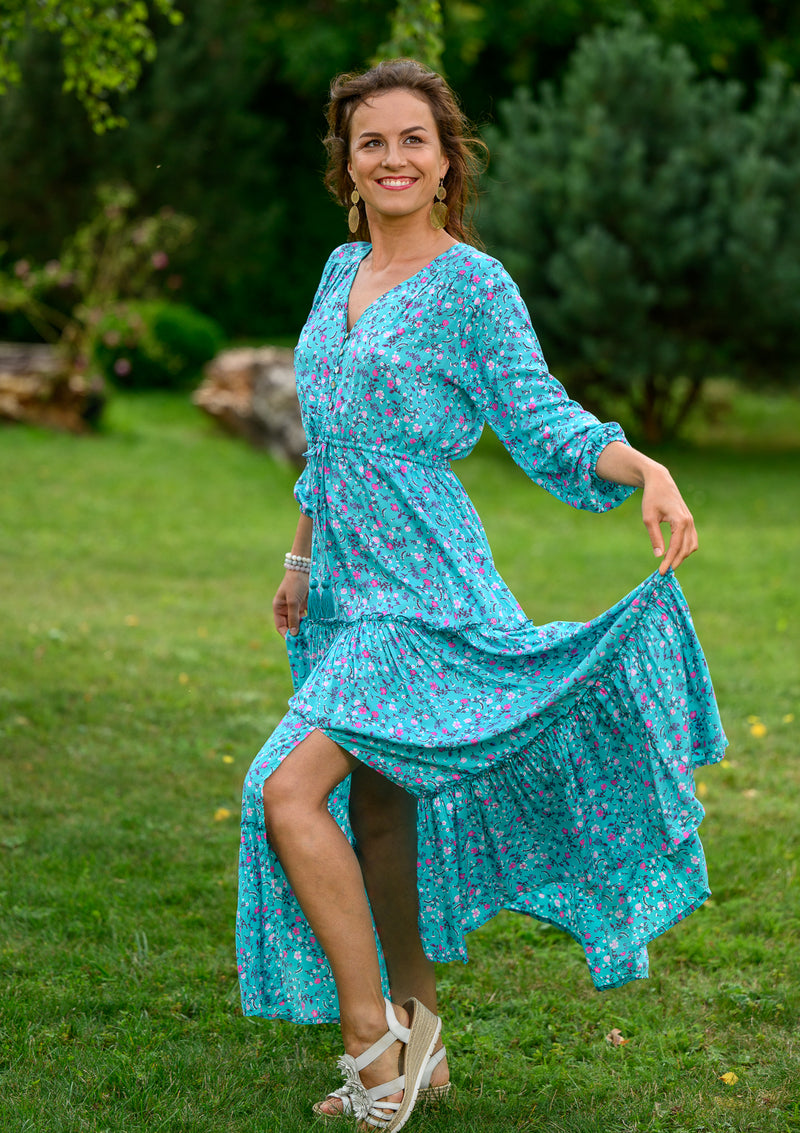 Camella Pink Roses Blue Dress | Bali Handmade Colorful Dresses My Flower Dress Camella Pink Roses Blue Dress | Bali Handmade Colorful Dresses My Flower Dress