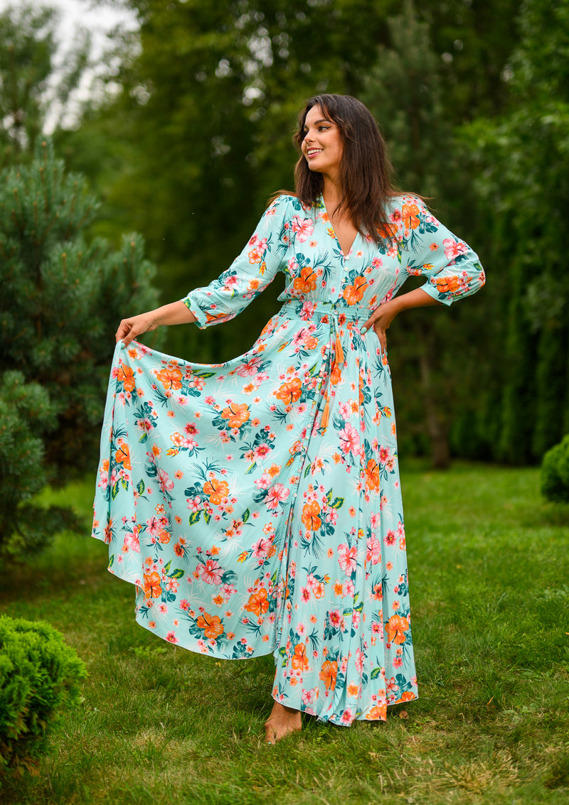 Isabella Sky Blue Orange Flowers Dress | Bali Handmade Colorful Dresses My Flower Dress Isabella Sky Blue Orange Flowers Dress | Bali Handmade Colorful Dresses My Flower Dress