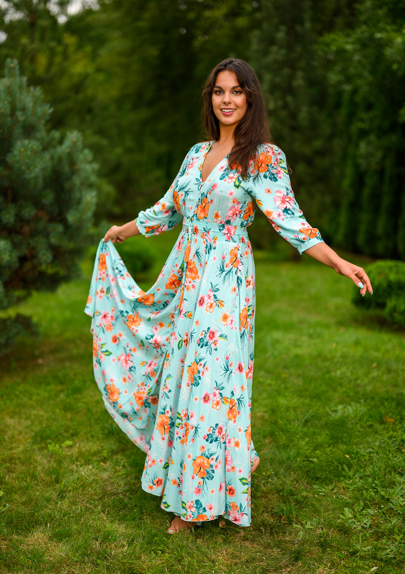 Isabella Sky Blue Orange Flowers Dress | Bali Handmade Colorful Dresses My Flower Dress Isabella Sky Blue Orange Flowers Dress | Bali Handmade Colorful Dresses My Flower Dress