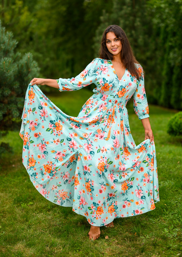 Isabella Sky Blue Orange Flowers Dress