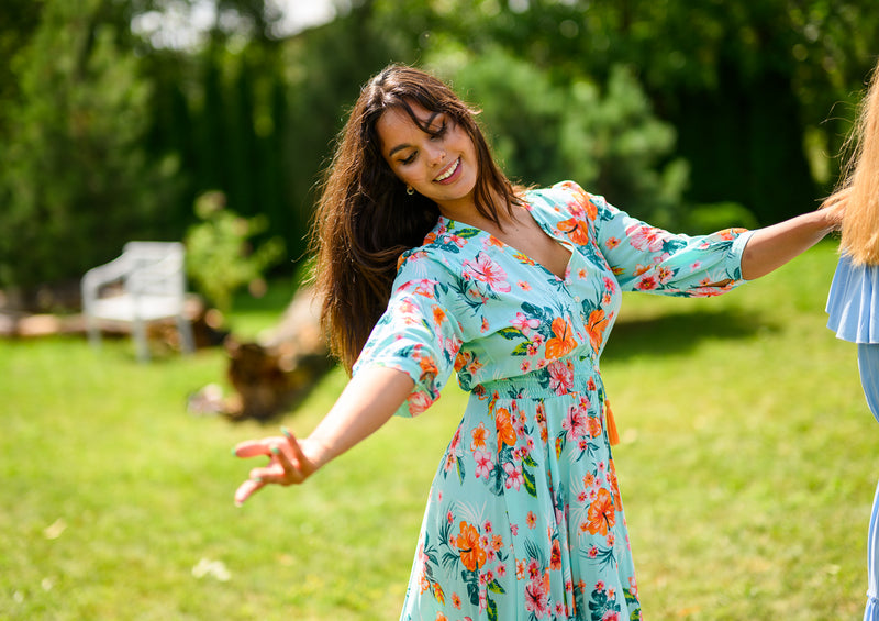 Isabella Sky Blue Orange Flowers Dress | Bali Handmade Colorful Dresses My Flower Dress Isabella Sky Blue Orange Flowers Dress | Bali Handmade Colorful Dresses My Flower Dress