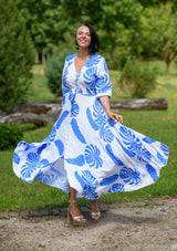 Isabella White Blue Leaves Dress