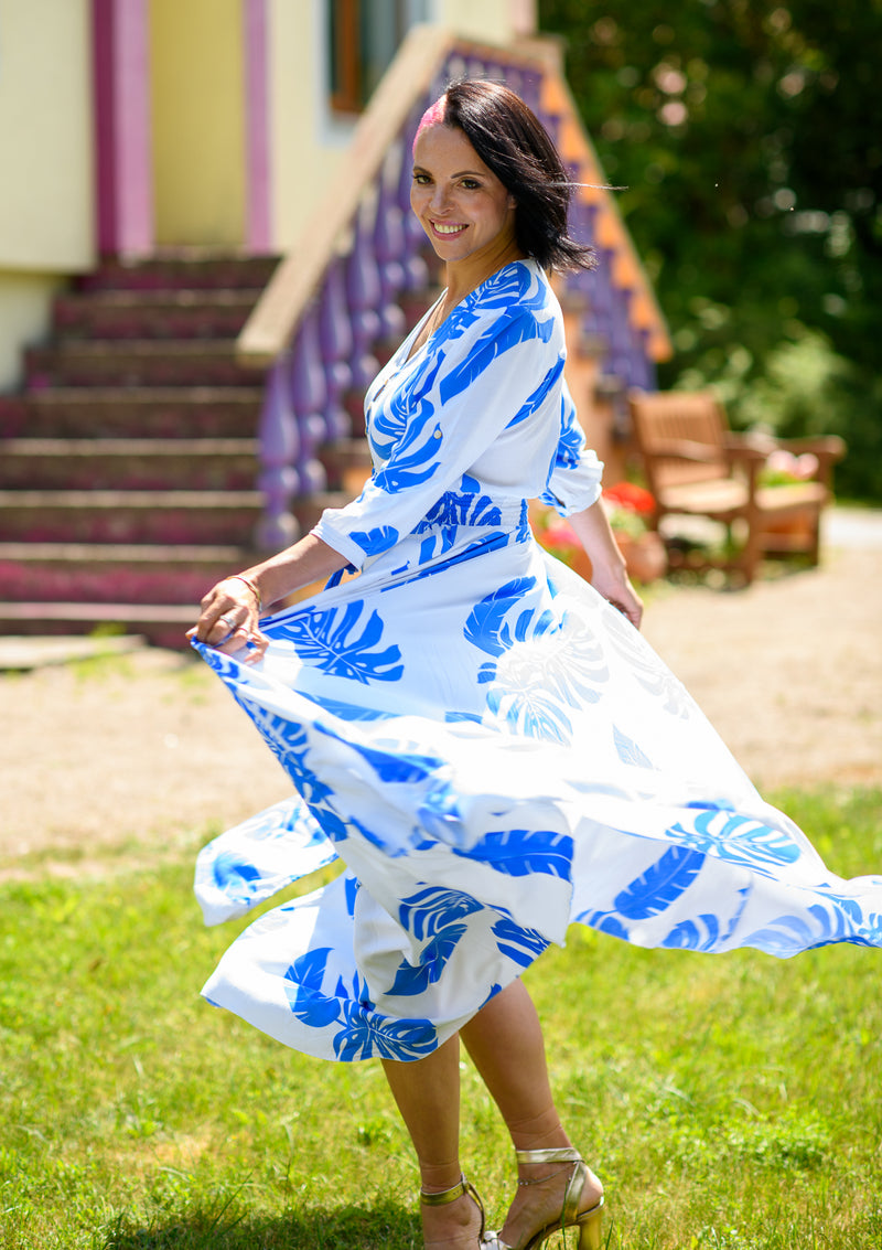 Isabella White Blue Leaves Dress | Handmade Colorful Dresses My Flower Dress Isabella White Blue Leaves Dress | Handmade Colorful Dresses My Flower Dress