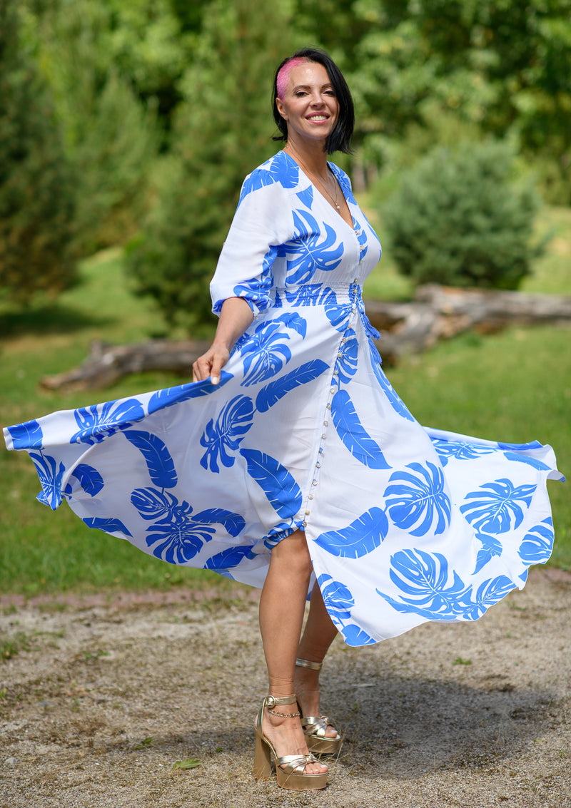 Isabella White Blue Leaves Dress