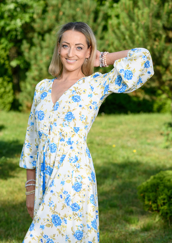 Simona Blue Roses White Dress