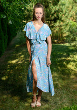 Wrap Lilly Pink Flowers Blue Dress