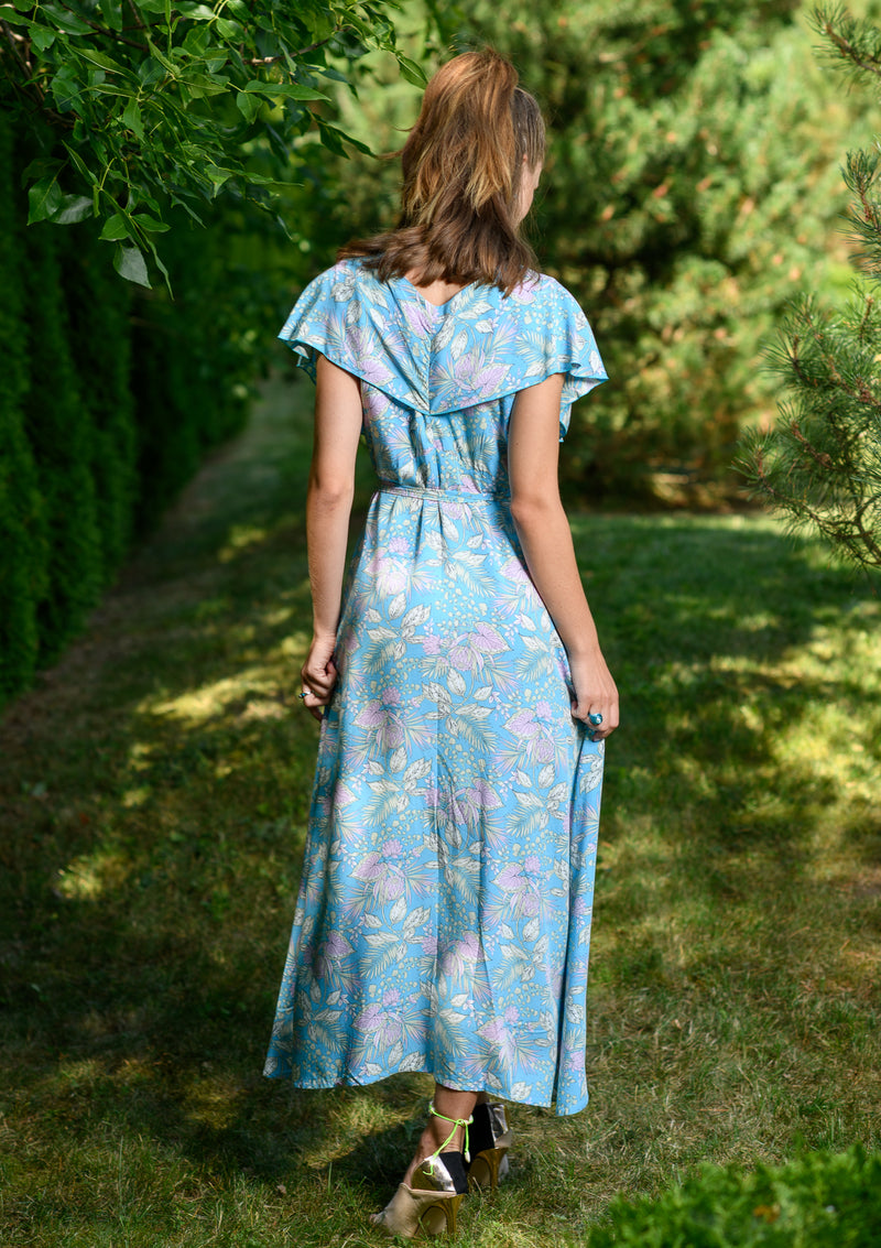 Wrap Lilly Pink Flowers Blue Dress