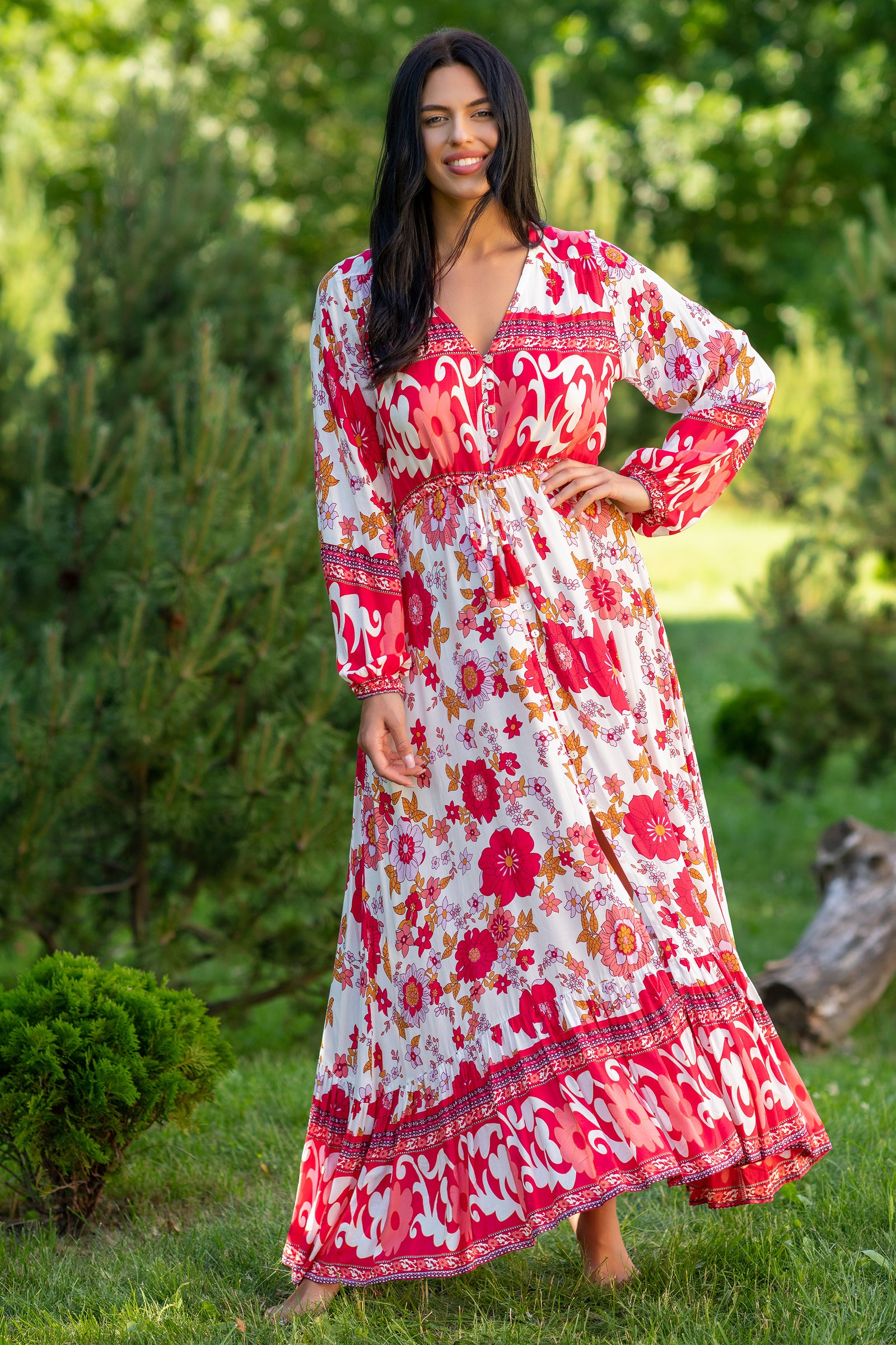 strapless open back dress Camella Red Flowers White Dress