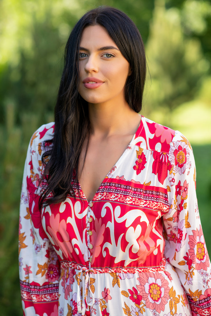 Camella Red Flowers White Dress Camella Red Flowers White Dress
