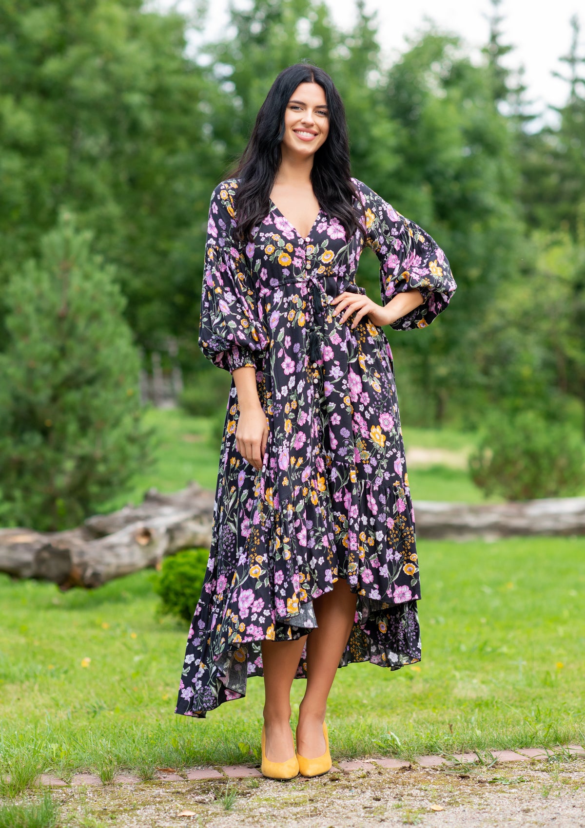 Francesca Mix Flowers Black Dress | Bali Handmade Colorful Dresses