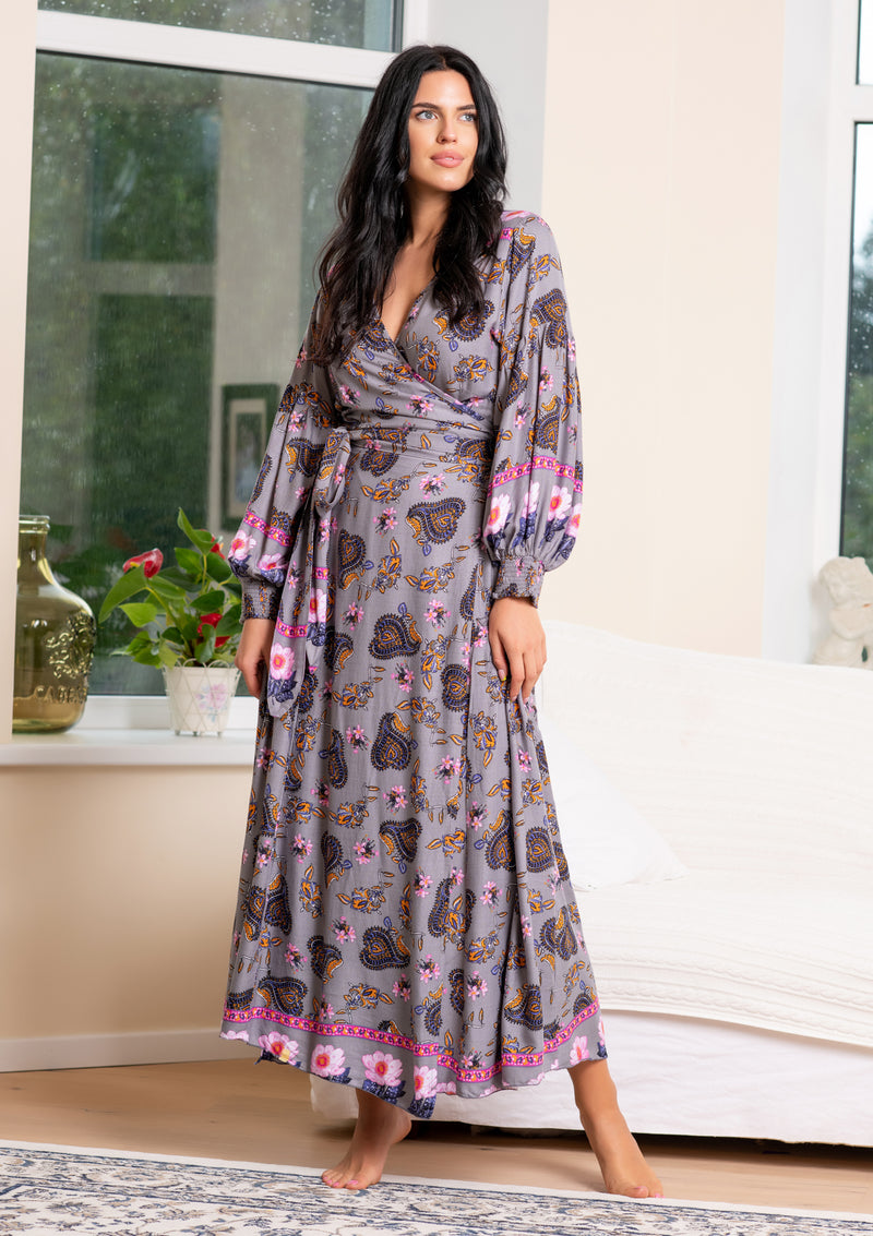 grey floral wrap dress Womens Roman Grey Floral Frill Belted Wrap Dress US 10
